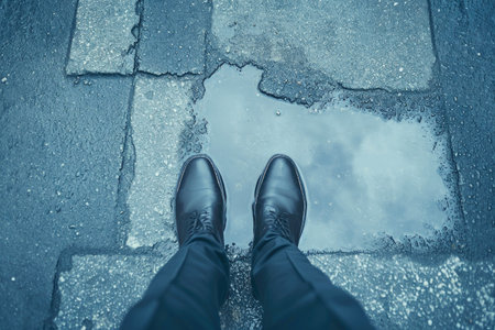 Urban Reflections: Suit-clad Figure Faces Reality in Waterの素材