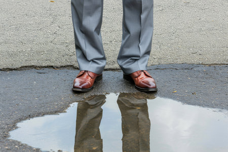 Corporate Solitude: Pensive Man's Reflection in Puddleの素材