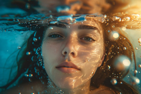 Ethereal Elegance: Warm Water Droplets on a Stylish Woman's Faceの素材