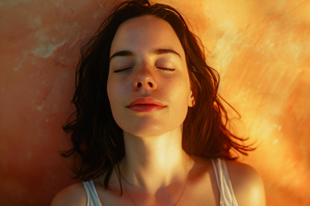 Serene Rejuvenation: Radiant Woman in Coral Glowの素材