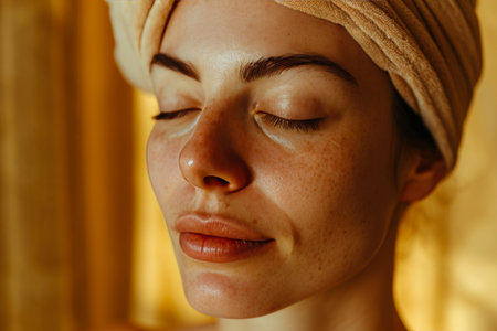 Golden Tranquility: Relaxed Face in Pale Yellow Huesの素材