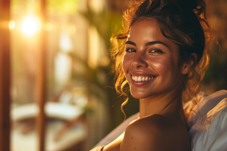 Radiant Bliss: A Woman's Joyful Glow in Golden Hourの素材