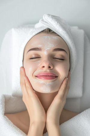 Blissful Beauty: A Woman Radiating Joy in Facial Treatmentの素材