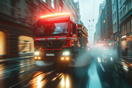 Lighting Up the Streets: Firetruck Speeding Through City Limitsの素材