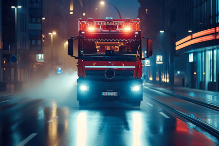 Cityscape Emergency: Fire Brigade Speeding at Full Throttleの素材