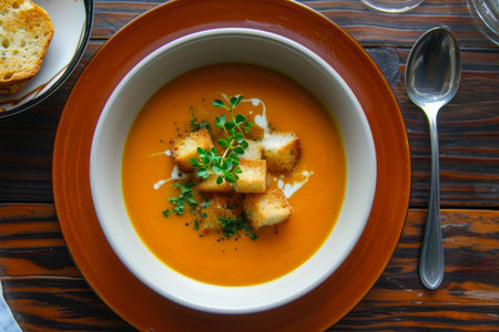 Savory Orange Soup Garnished with Tasty Croutonsの素材