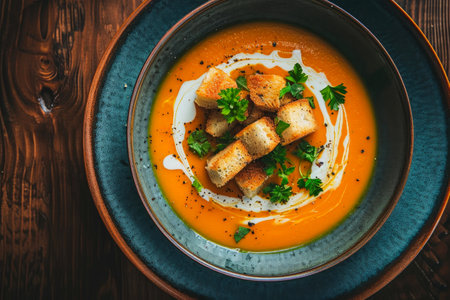 Gourmet Orange Soup in Deep Plate with Toasted Croutonsの素材