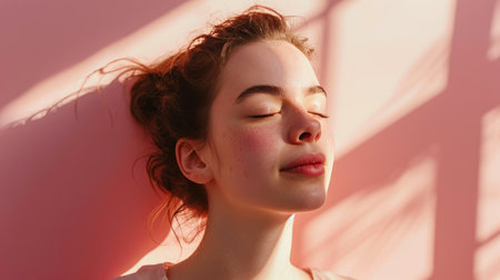 Luminous Relaxation: Close-Up of a Woman's Serene Expressionの素材
