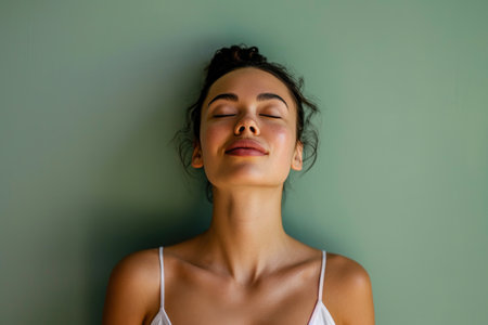 Euphoric Beauty: Woman's Blissful Expression in Green Auraの素材