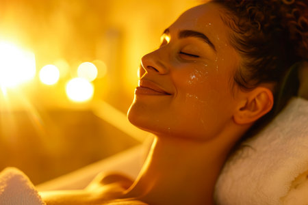 Radiant Relaxation: Woman's Contented Spa Experienceの素材