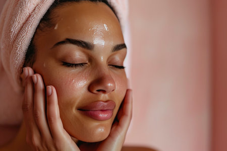 Glowing Beauty: Close-Up of a Woman in Relaxing Skincareの素材