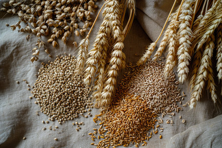 Natural Bounty: Top View of Rye, Wheat, and Mixed Grainsの素材