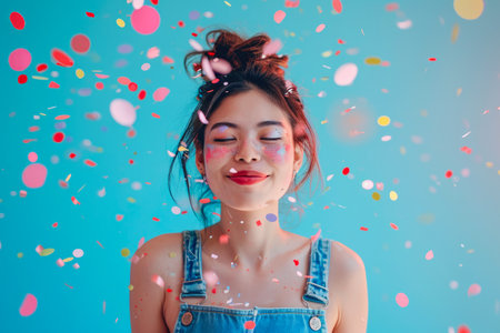 Festive Fashion: Trendy Woman Immersed in Confetti Delightの素材