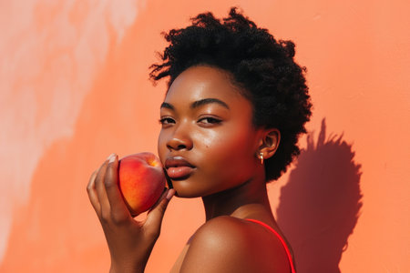 Sun-Kissed Wellness: Athletic Lady Posing with a Luscious Peachの素材
