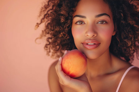 Energetic Fitness Queen Embracing a Succulent Peach in Sunrise Glowの素材