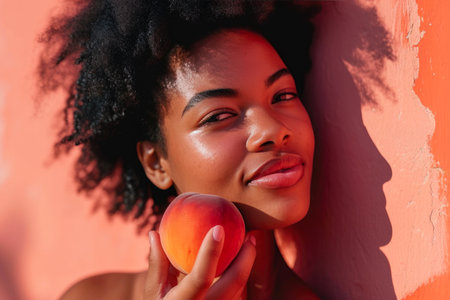 Radiant Athletic Woman with a Juicy Peach in Soft Morning Huesの素材