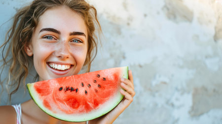 Radiant Fitness: Smiling Woman Enjoying Watermelon Delightの素材