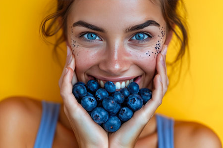 Vibrant Close-Up: Athletic Woman Delighting in Blueberry Blissの素材
