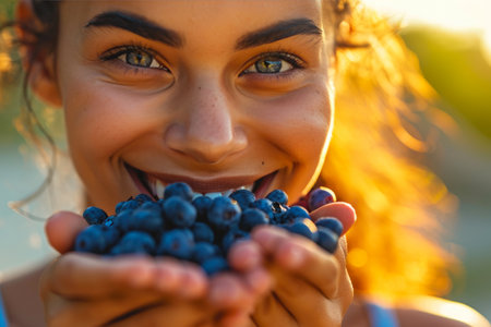 Radiant Athletic Woman savoring Blueberries in Morning Glowの素材