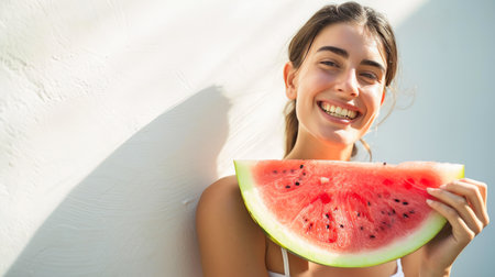 Refreshing Fitness: Joyful Woman and Watermelon Euphoriaの素材
