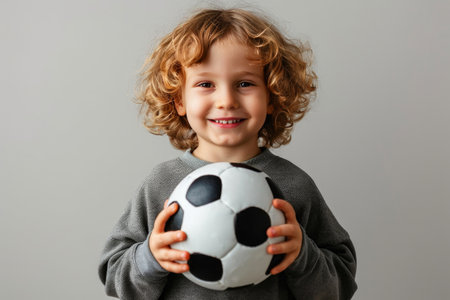 Radiant Youth with Sparkling Smile, Posing with Soccer Ball on Colored Surfaceの素材