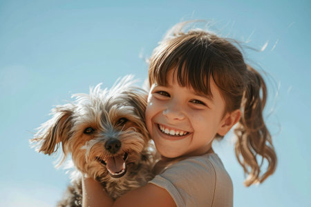 Heartwarming Moments: Child, Dog, and Blue Skiesの素材