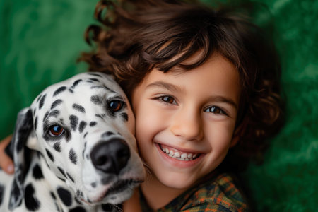 Healthy Smiles: Close-Up of Child with Playful Dalmatianの素材