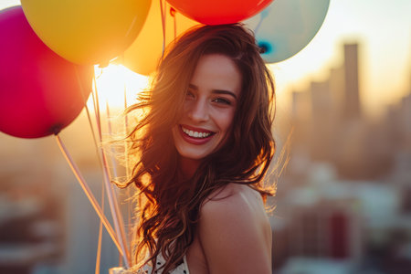 Morning Elegance: Woman and Colorful Balloonsの素材