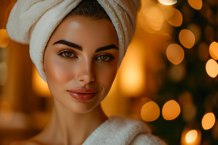 Golden Aura: A Fresh-Faced Spa Beauty in Nature's Embraceの素材