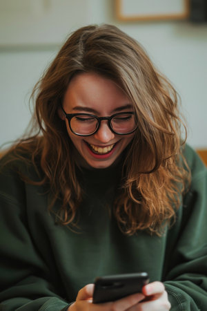 Chic Eyewear: Green Sweatshirt and Brown Hair Delightの素材