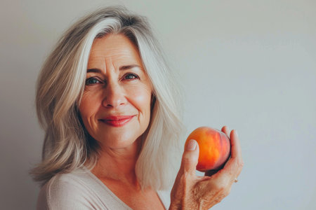 Senior Bliss: Cheerful Lady with Juicy Peachの素材