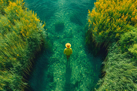 Tranquil Aerial Scene: Child Resting in Seagrassの素材