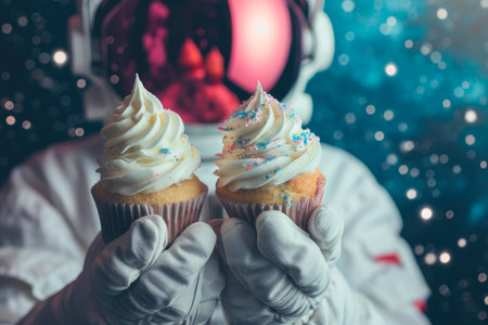 Interstellar Dessert: Close-up of Cupcakes in Spaceの素材