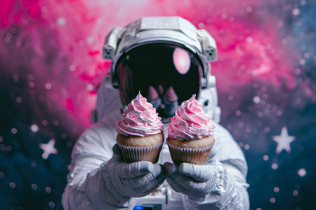 Celestial Treats: Close-up of Astronaut Enjoying Cupcakesの素材