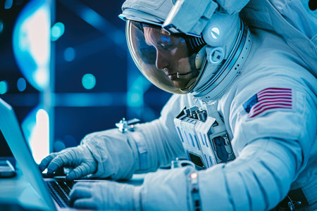 Cosmic Office Collaboration: Astronaut on Laptopの素材