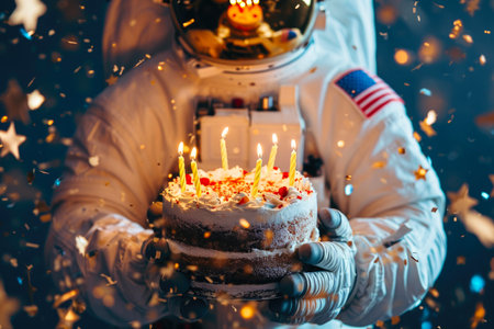 Galactic Celebration: Close-Up of Astronaut and Sweet Delightsの素材