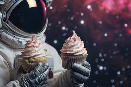 Cosmic Indulgence: Cupcakes in the Hands of an Astronautの素材