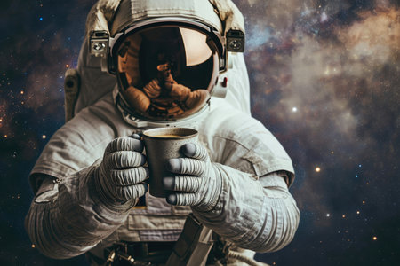 Galactic Sip: Astronaut Enjoying Hot Coffee Close-Upの素材