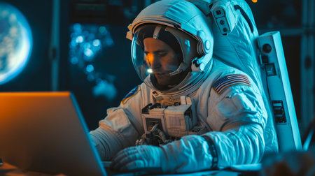 Zero Gravity Tasks: Astronaut Tackling Work on a Laptopの素材