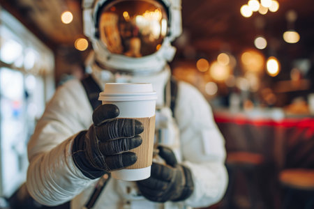 Starship Sip: Close-up of Astronaut with Steamy Coffeeの素材