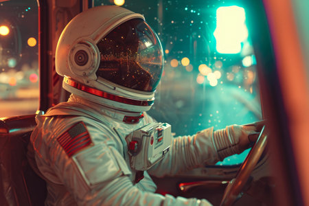 Orbital Transit: Astronaut Navigating a Cinematic Busの素材
