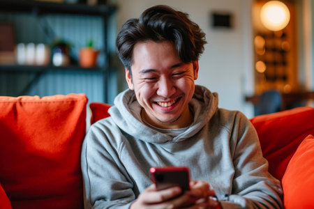 Casual Contentment: Laughing Young Man and His Smartphoneの素材