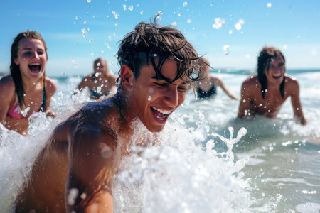 Lively Beach Gathering of Millennials in Waterの素材