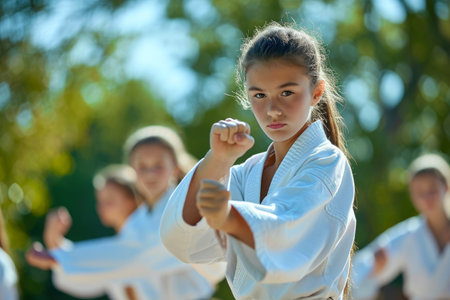 Empowered Youth: Teen Girls Mastering Karate Outdoorsの素材