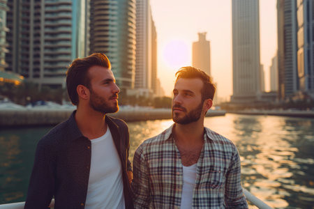 Sunset Serenity: Caucasian Men Walking in Dubai Glowの素材