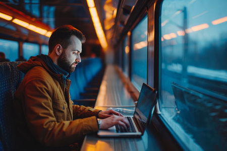 On-the-Go Productivity: Caucasian Men Telecommuting on Trainsの素材