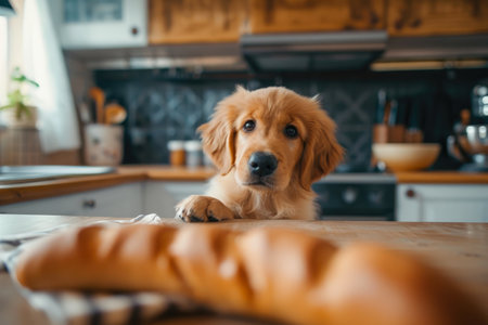Inquisitive Golden Retriever Longing for a Tasty Sausageの素材
