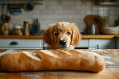 Curious Puppy Craving: Golden Retriever and the Kitchen Surpriseの素材