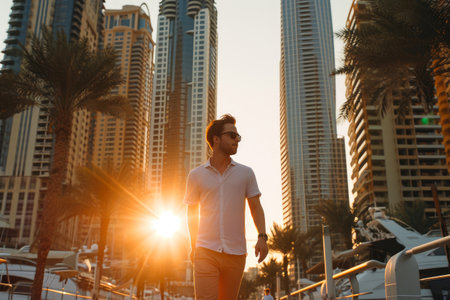 Vibrant Dubai Stroll: Young Men in Marina Sunsetの素材