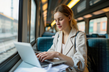 Train Commute Workspace: Woman Typing on Laptopの素材
